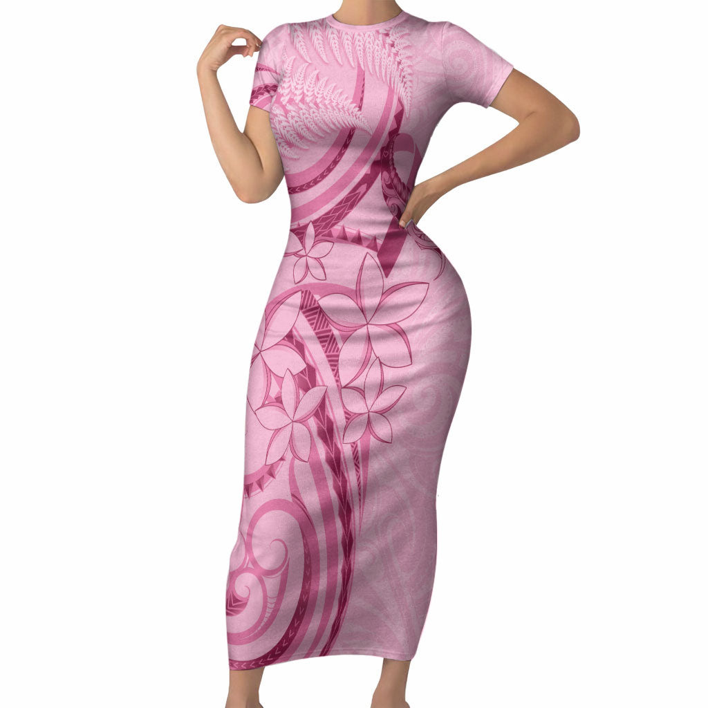 Aotearoa Maori Short Sleeve Bodycon Dress Pink Fern Ribbons
