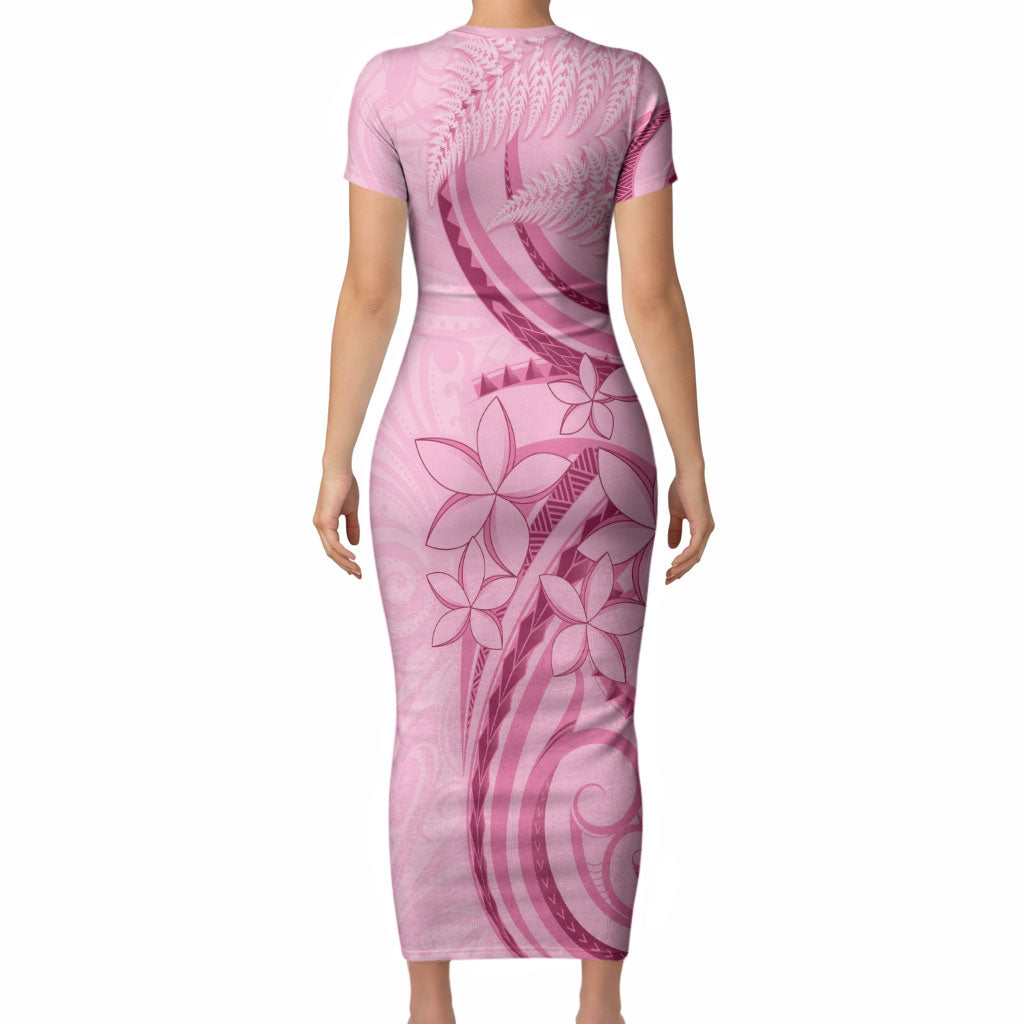 Aotearoa Maori Short Sleeve Bodycon Dress Pink Fern Ribbons