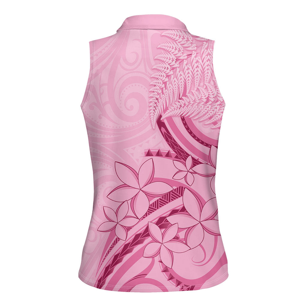 Aotearoa Maori Women Sleeveless Polo Shirt Pink Fern Ribbons