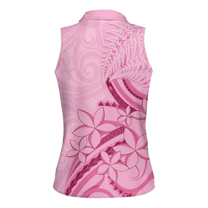 Aotearoa Maori Women Sleeveless Polo Shirt Pink Fern Ribbons