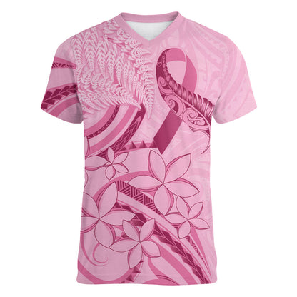 Aotearoa Maori Women V-Neck T-Shirt Pink Fern Ribbons