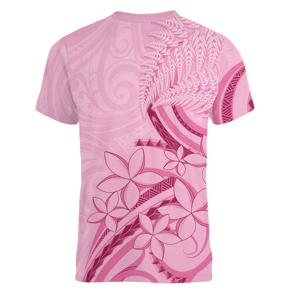 Aotearoa Maori Women V-Neck T-Shirt Pink Fern Ribbons