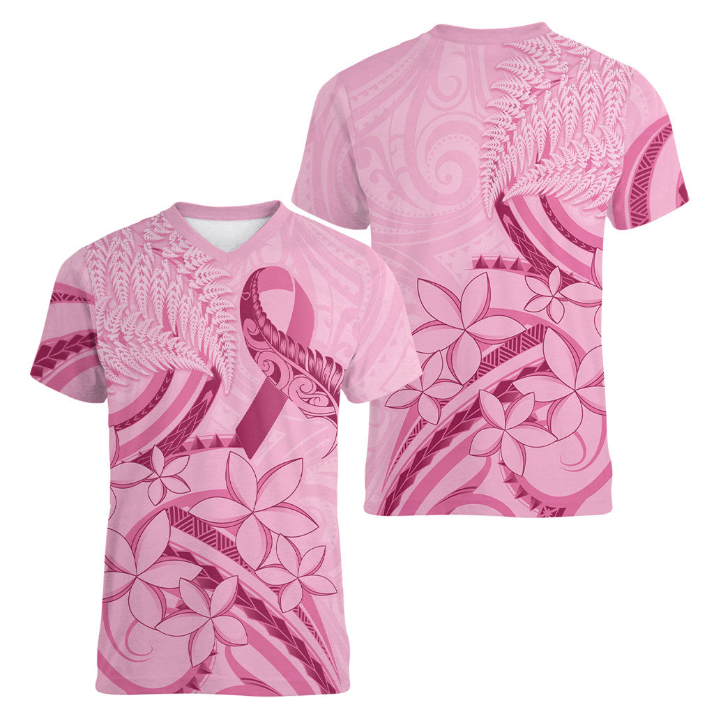 Aotearoa Maori Women V-Neck T-Shirt Pink Fern Ribbons