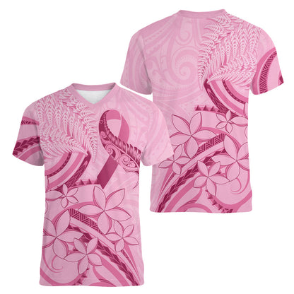 Aotearoa Maori Women V-Neck T-Shirt Pink Fern Ribbons