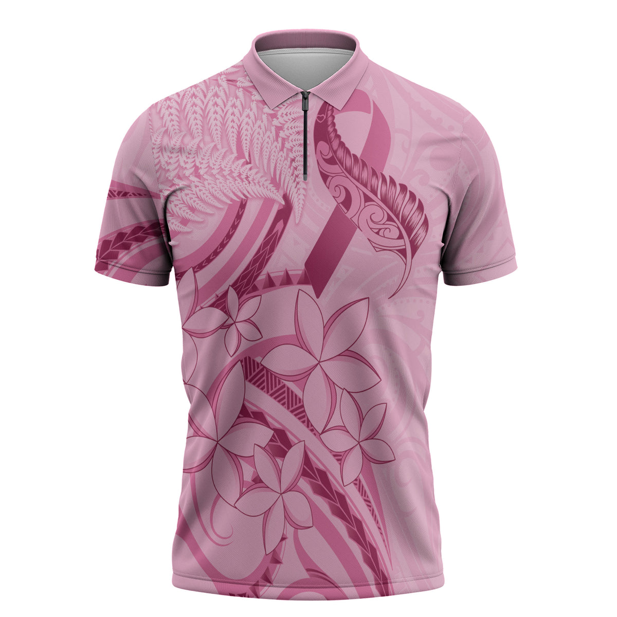 Aotearoa Maori Zipper Polo Shirt Pink Fern Ribbons