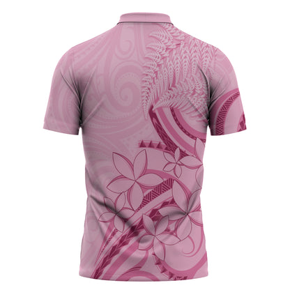 Aotearoa Maori Zipper Polo Shirt Pink Fern Ribbons