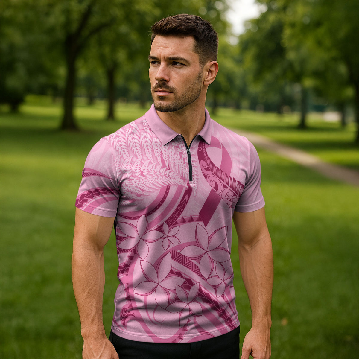 Aotearoa Maori Zipper Polo Shirt Pink Fern Ribbons