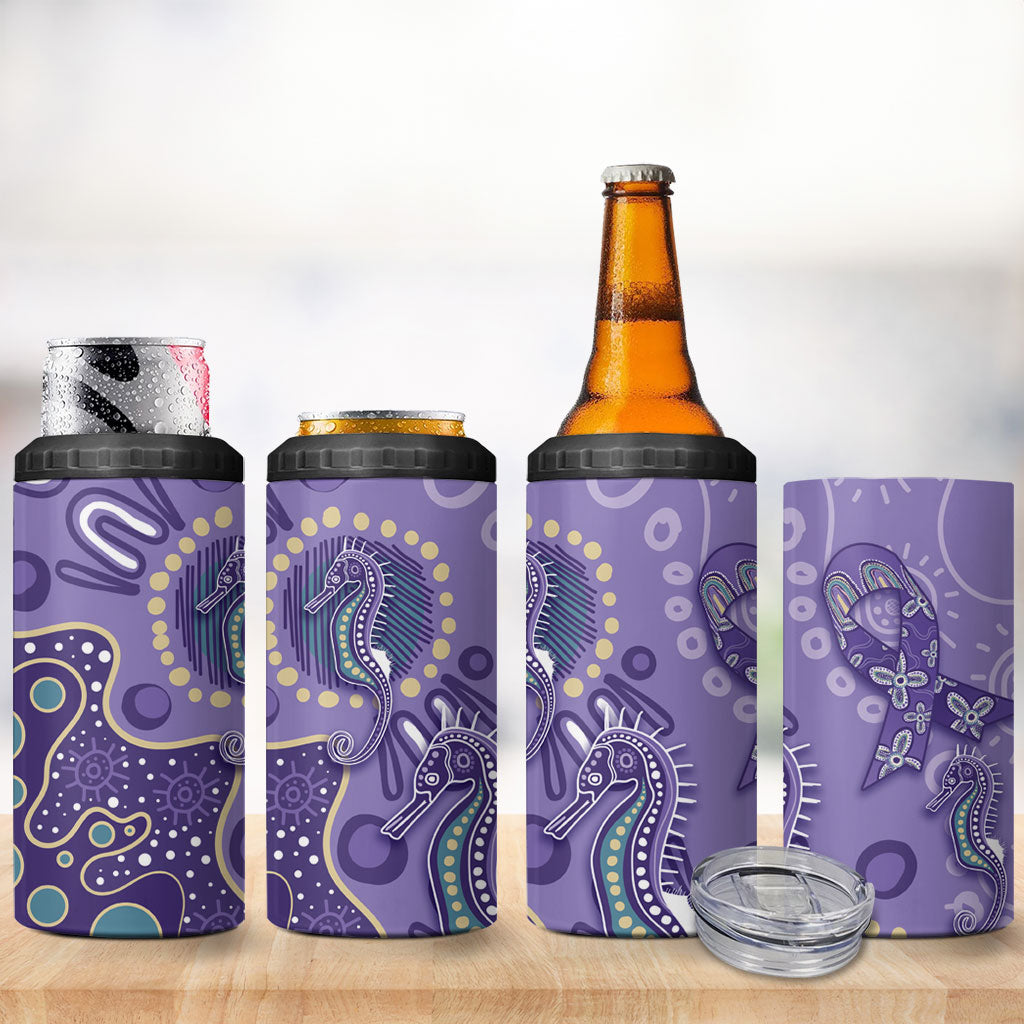 Australia Epilepsy Month 4 in 1 Can Cooler Tumbler Aboriginal Purple Ribbon with Seahorse