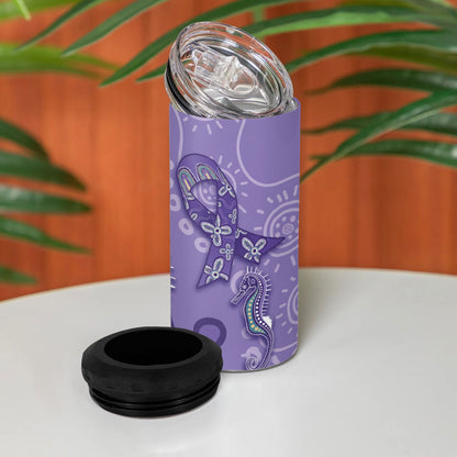 Australia Epilepsy Month 4 in 1 Can Cooler Tumbler Aboriginal Purple Ribbon with Seahorse