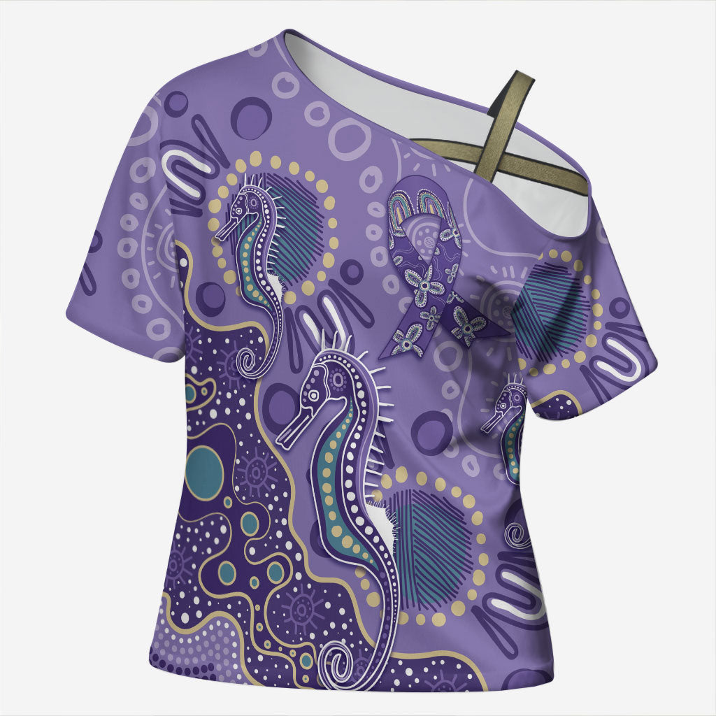 Australia Epilepsy Month Cross Shoulder Shirt Aboriginal Purple Ribbon with Seahorse