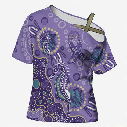 Australia Epilepsy Month Cross Shoulder Shirt Aboriginal Purple Ribbon with Seahorse