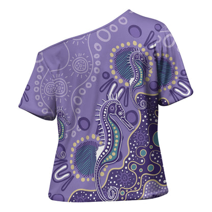 Australia Epilepsy Month Cross Shoulder Shirt Aboriginal Purple Ribbon with Seahorse