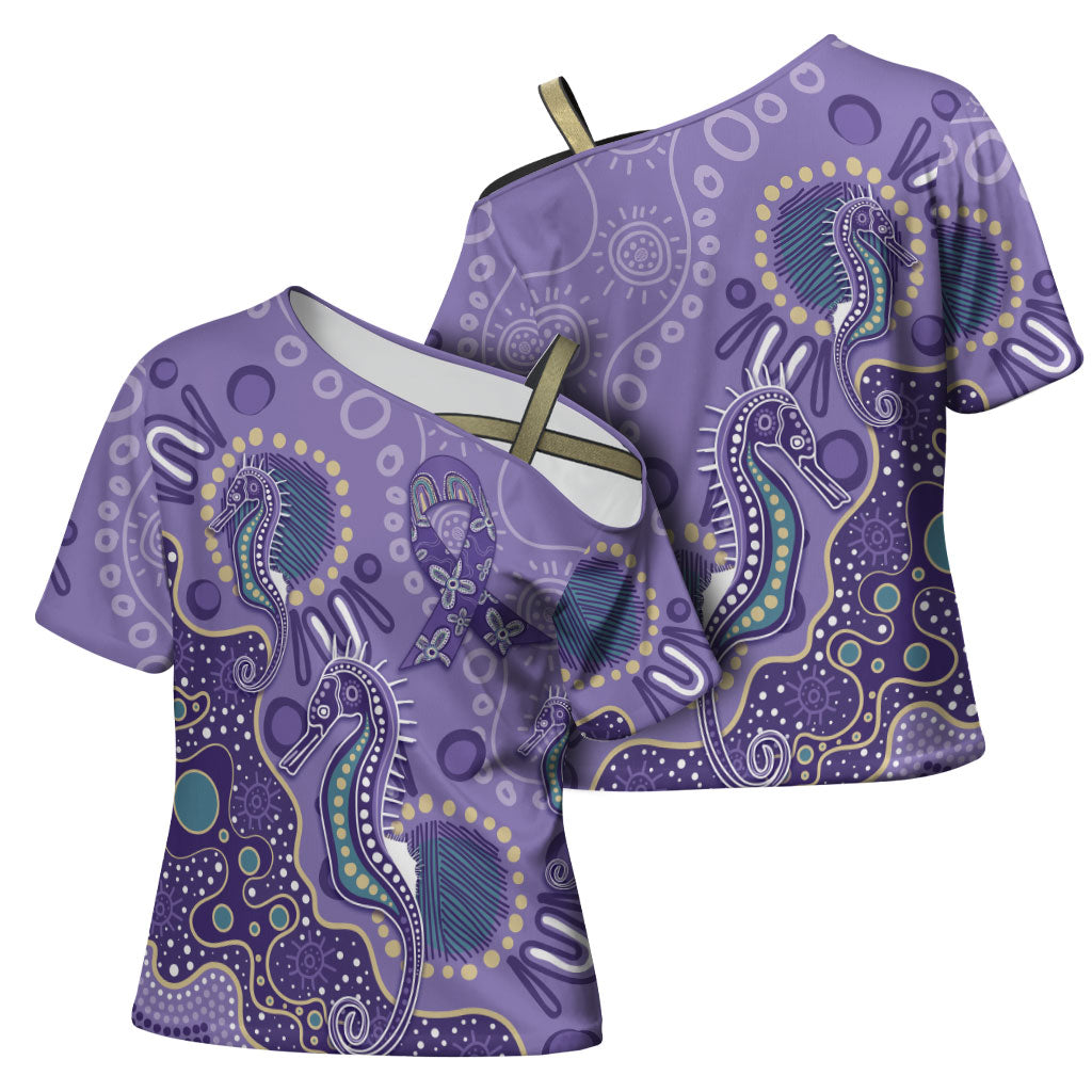 Australia Epilepsy Month Cross Shoulder Shirt Aboriginal Purple Ribbon with Seahorse