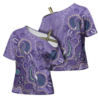 Australia Epilepsy Month Cross Shoulder Shirt Aboriginal Purple Ribbon with Seahorse