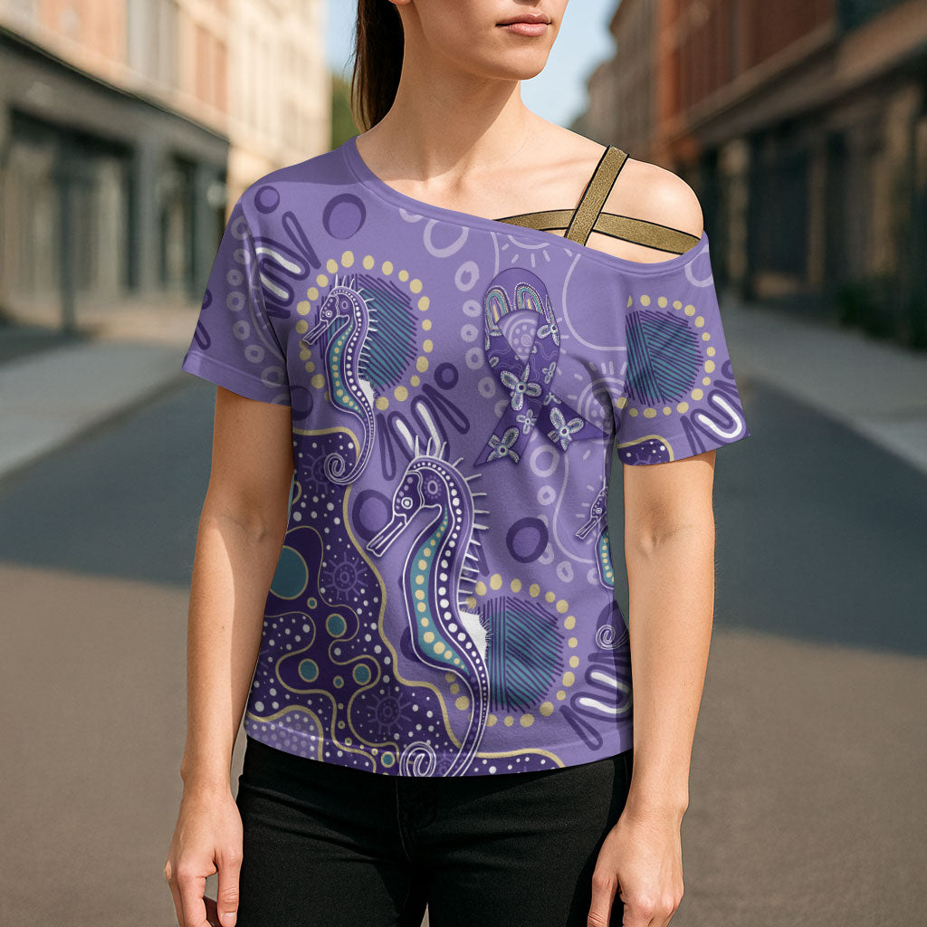 Australia Epilepsy Month Cross Shoulder Shirt Aboriginal Purple Ribbon with Seahorse