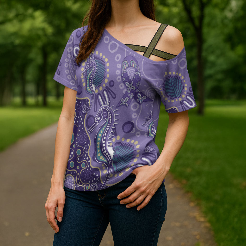 Australia Epilepsy Month Cross Shoulder Shirt Aboriginal Purple Ribbon with Seahorse