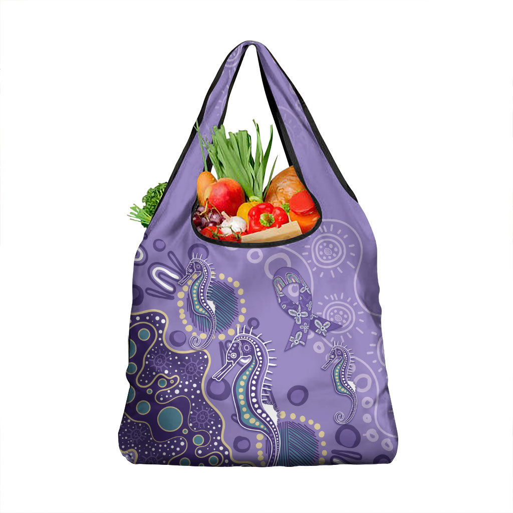 Australia Epilepsy Month Grocery Bag Aboriginal Purple Ribbon with Seahorse