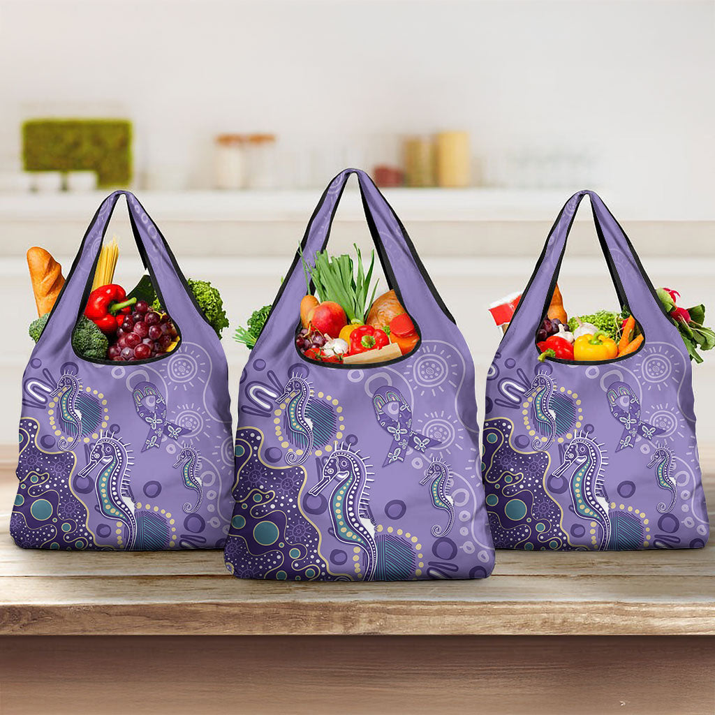 Australia Epilepsy Month Grocery Bag Aboriginal Purple Ribbon with Seahorse