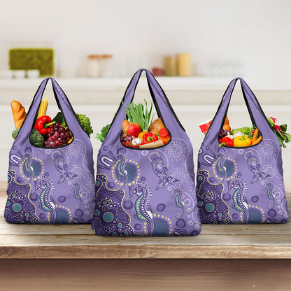 Australia Epilepsy Month Grocery Bag Aboriginal Purple Ribbon with Seahorse