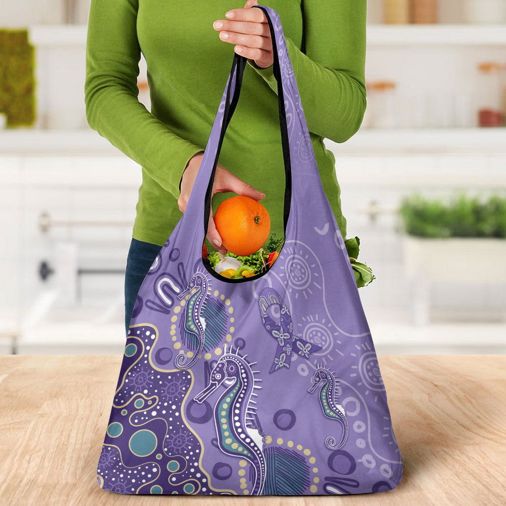 Australia Epilepsy Month Grocery Bag Aboriginal Purple Ribbon with Seahorse