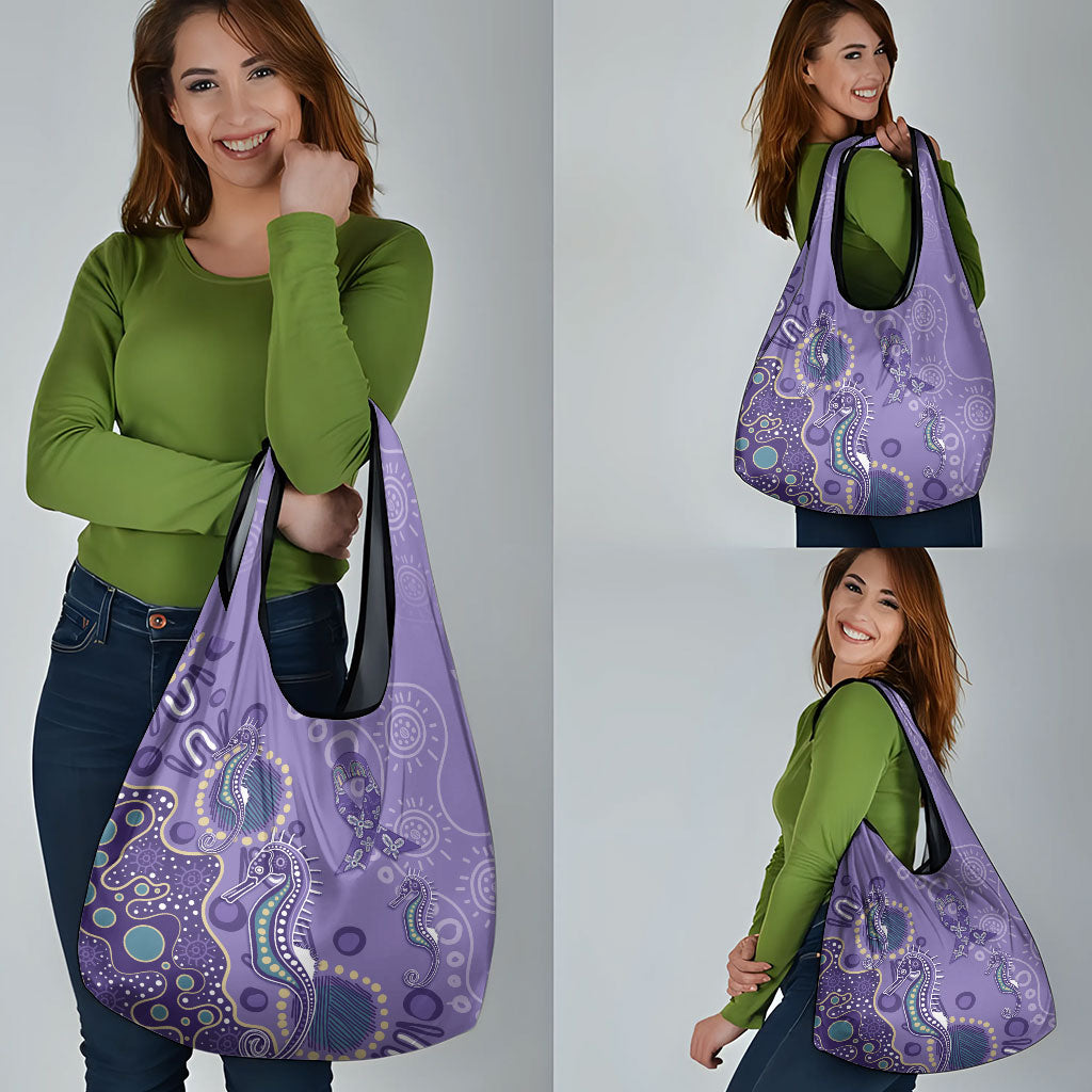 Australia Epilepsy Month Grocery Bag Aboriginal Purple Ribbon with Seahorse