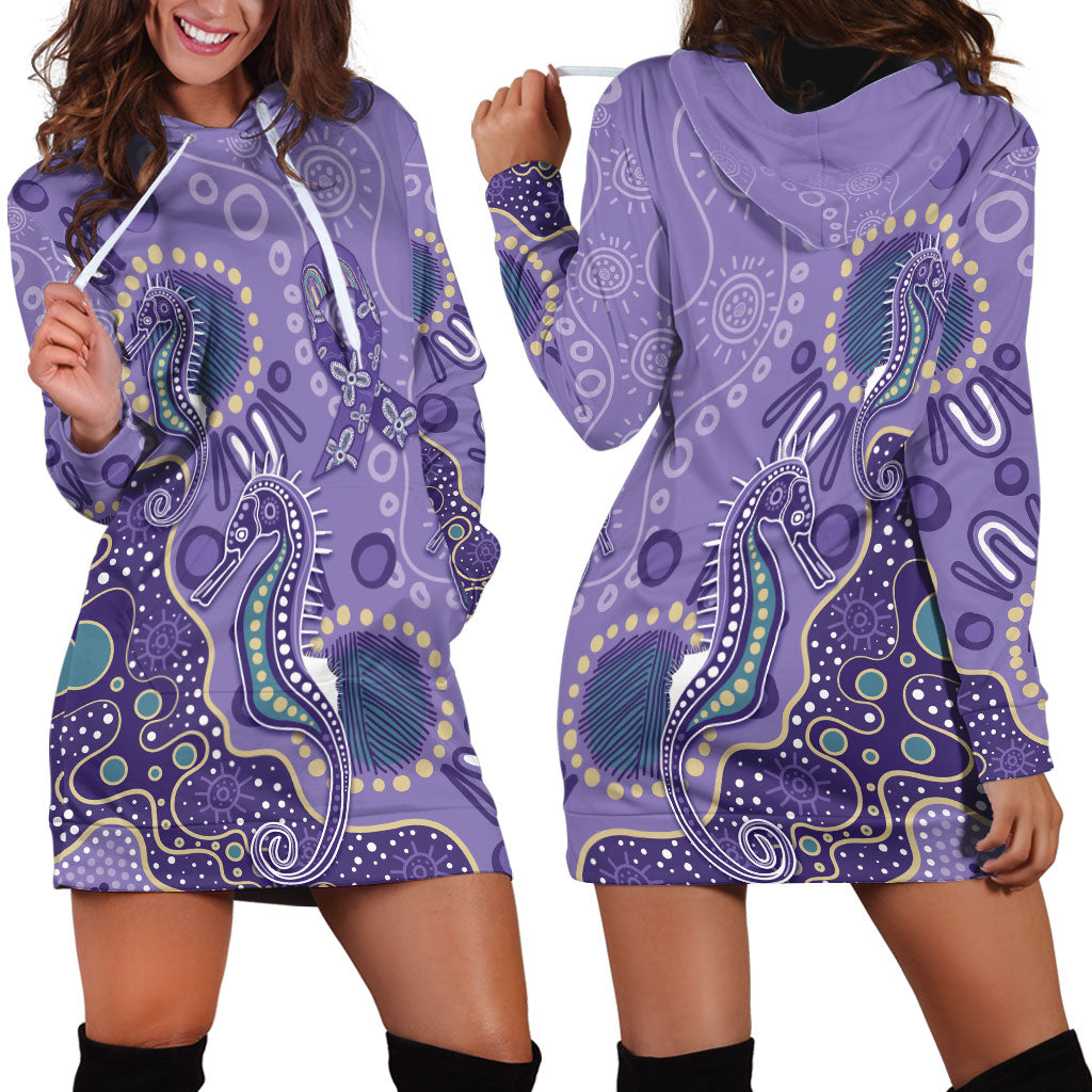 Australia Epilepsy Month Hoodie Dress Aboriginal Purple Ribbon with Seahorse