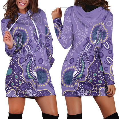 Australia Epilepsy Month Hoodie Dress Aboriginal Purple Ribbon with Seahorse