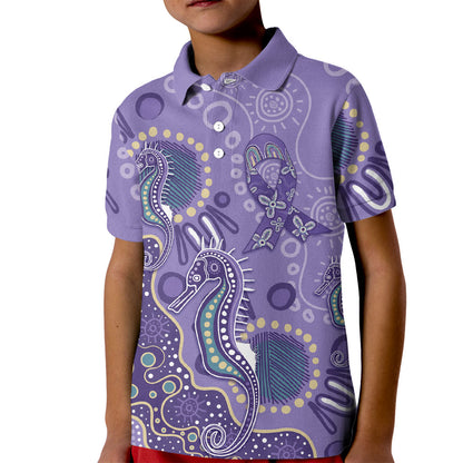 Australia Epilepsy Month Kid Polo Shirt Aboriginal Purple Ribbon with Seahorse