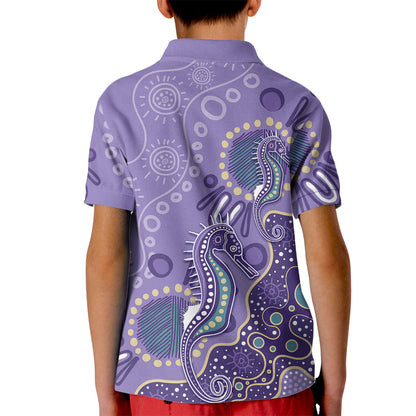 Australia Epilepsy Month Kid Polo Shirt Aboriginal Purple Ribbon with Seahorse