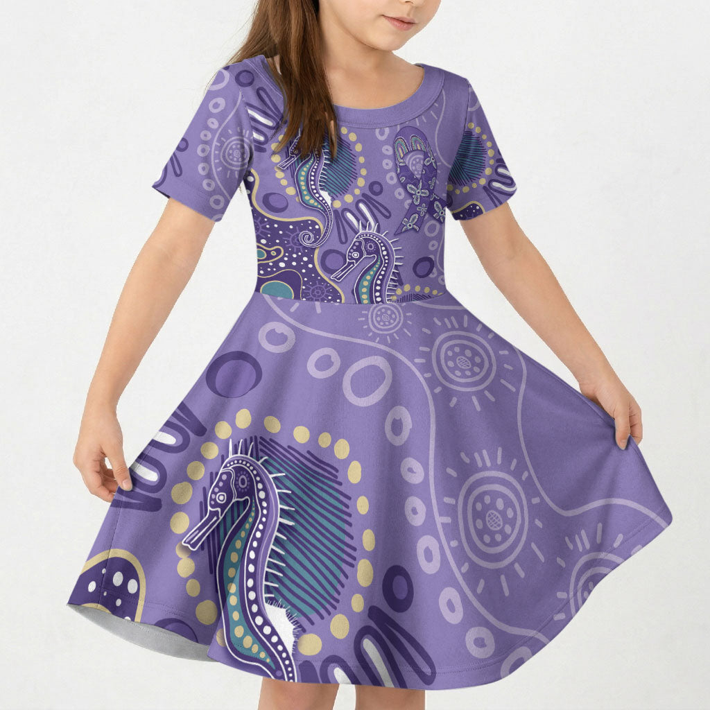 Australia Epilepsy Month Kid Short Sleeve Dress Aboriginal Purple Ribbon with Seahorse
