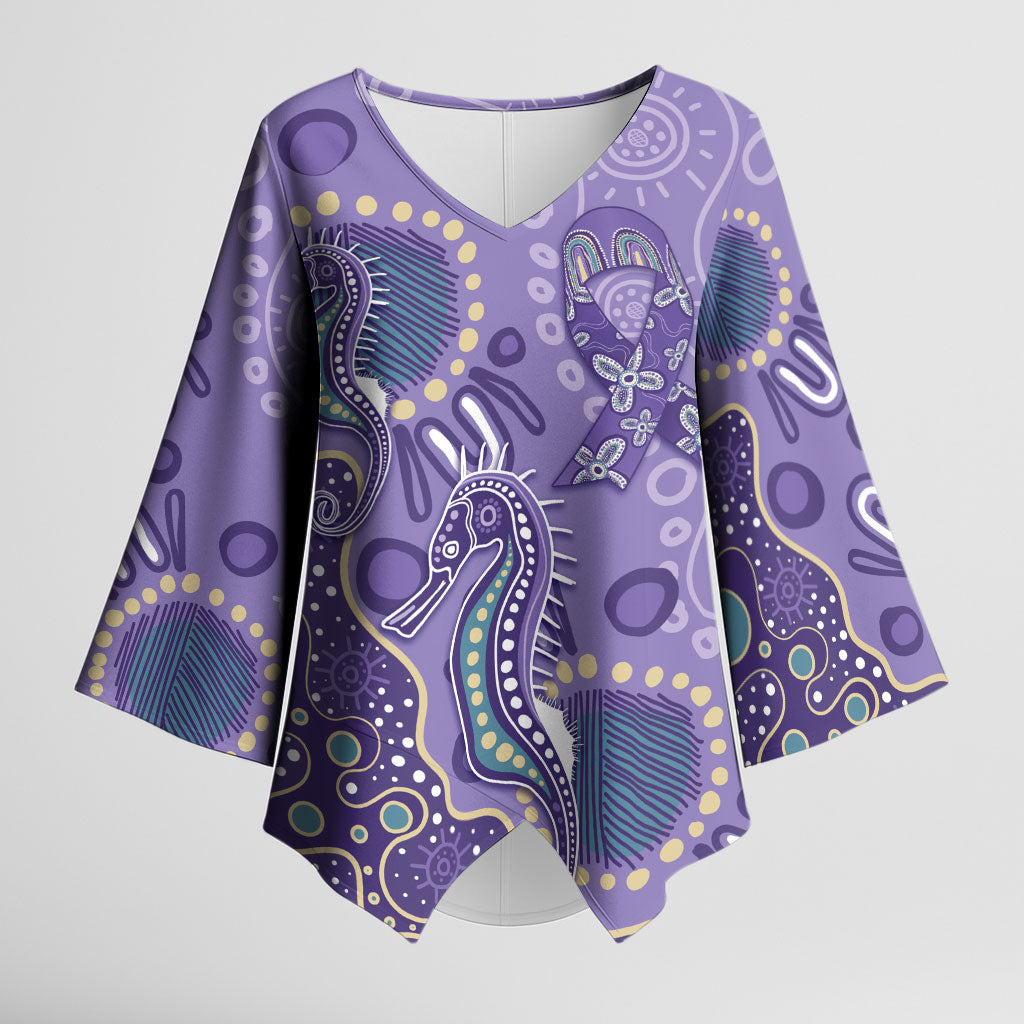 Australia Epilepsy Month Kimono Sleeve Blouse Aboriginal Purple Ribbon with Seahorse