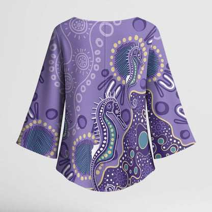 Australia Epilepsy Month Kimono Sleeve Blouse Aboriginal Purple Ribbon with Seahorse