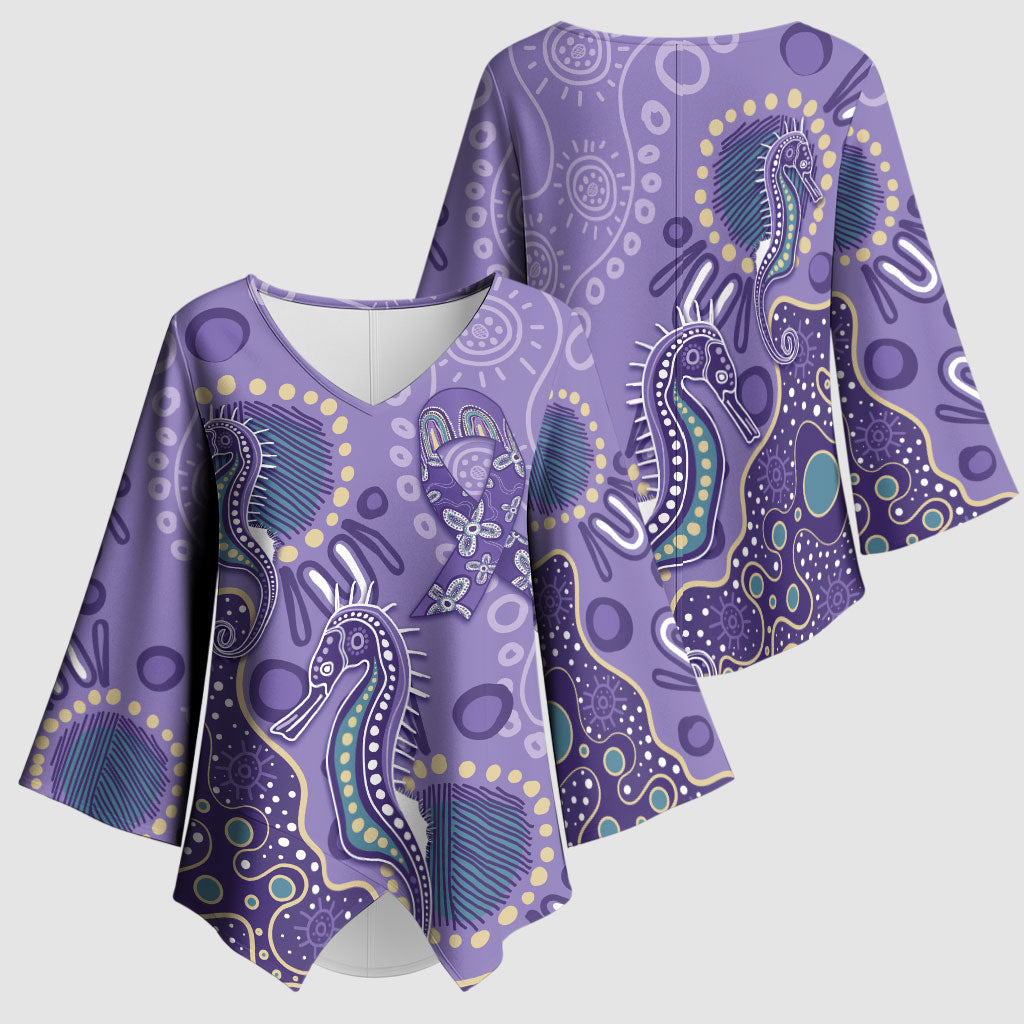 Australia Epilepsy Month Kimono Sleeve Blouse Aboriginal Purple Ribbon with Seahorse