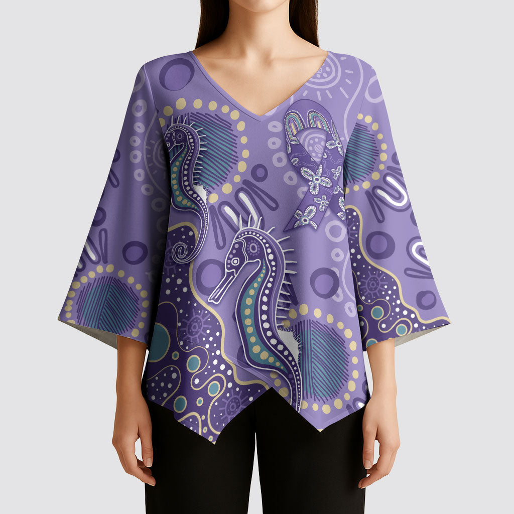 Australia Epilepsy Month Kimono Sleeve Blouse Aboriginal Purple Ribbon with Seahorse