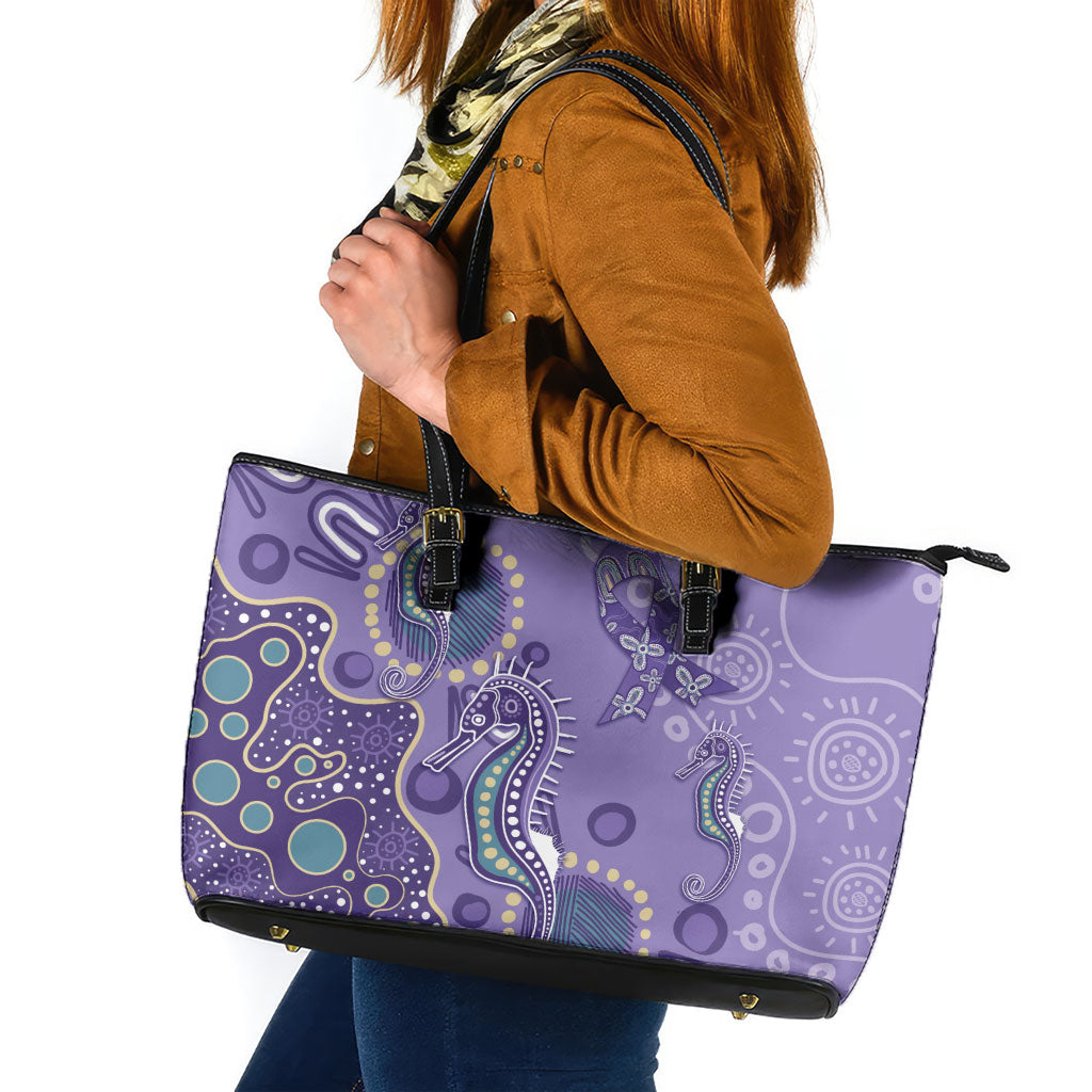 Australia Epilepsy Month Leather Tote Bag Aboriginal Purple Ribbon with Seahorse