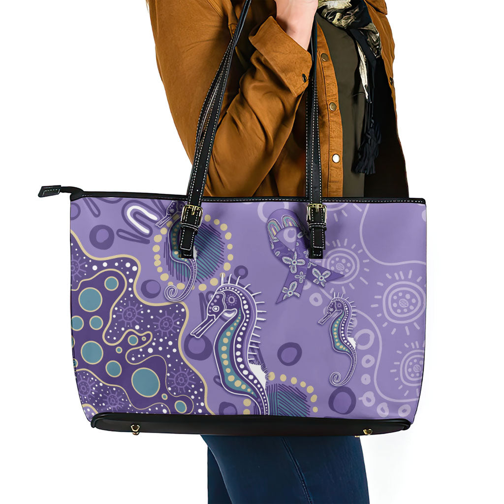 Australia Epilepsy Month Leather Tote Bag Aboriginal Purple Ribbon with Seahorse