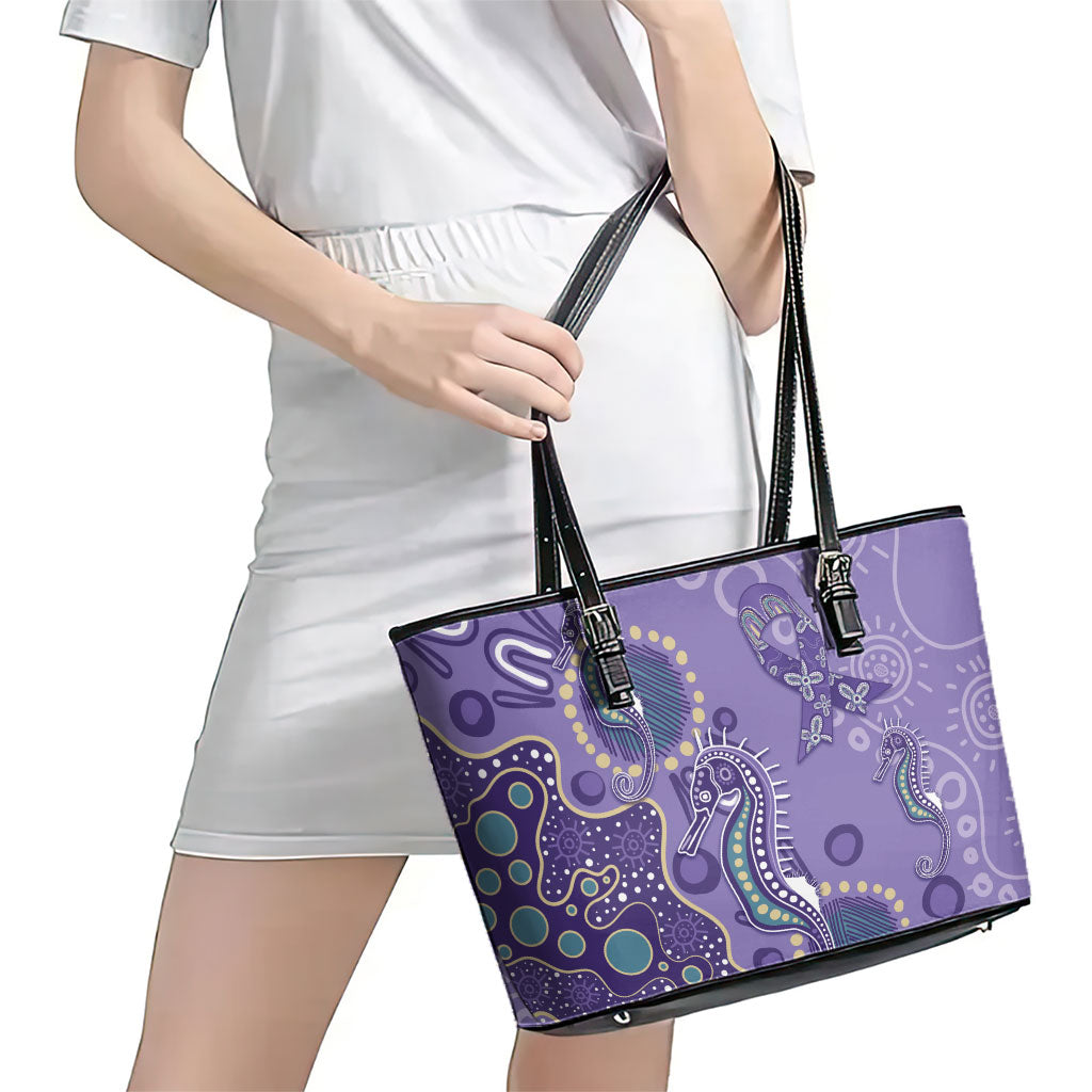 Australia Epilepsy Month Leather Tote Bag Aboriginal Purple Ribbon with Seahorse