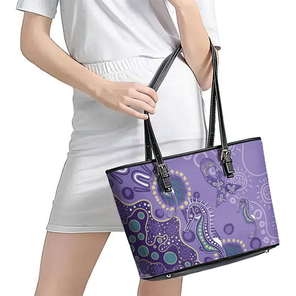 Australia Epilepsy Month Leather Tote Bag Aboriginal Purple Ribbon with Seahorse