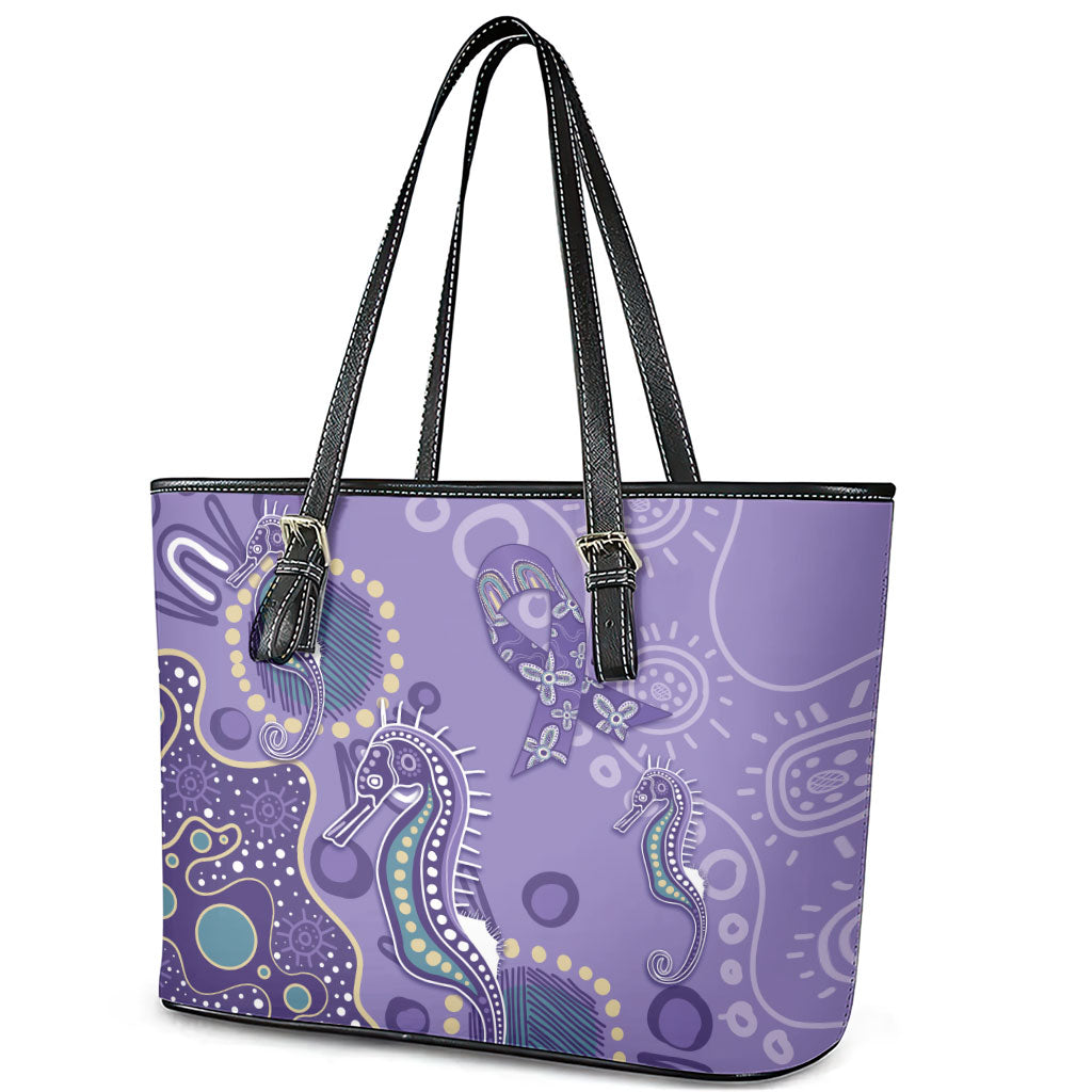 Australia Epilepsy Month Leather Tote Bag Aboriginal Purple Ribbon with Seahorse