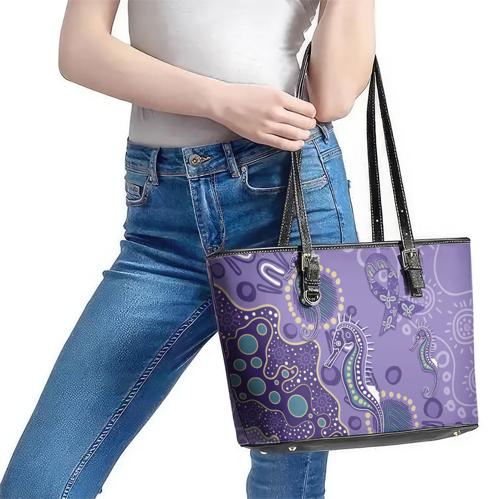 Australia Epilepsy Month Leather Tote Bag Aboriginal Purple Ribbon with Seahorse