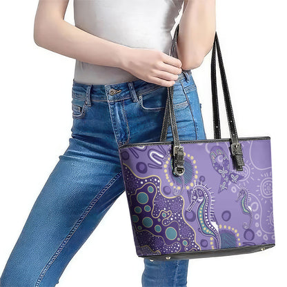 Australia Epilepsy Month Leather Tote Bag Aboriginal Purple Ribbon with Seahorse