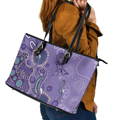Australia Epilepsy Month Leather Tote Bag Aboriginal Purple Ribbon with Seahorse