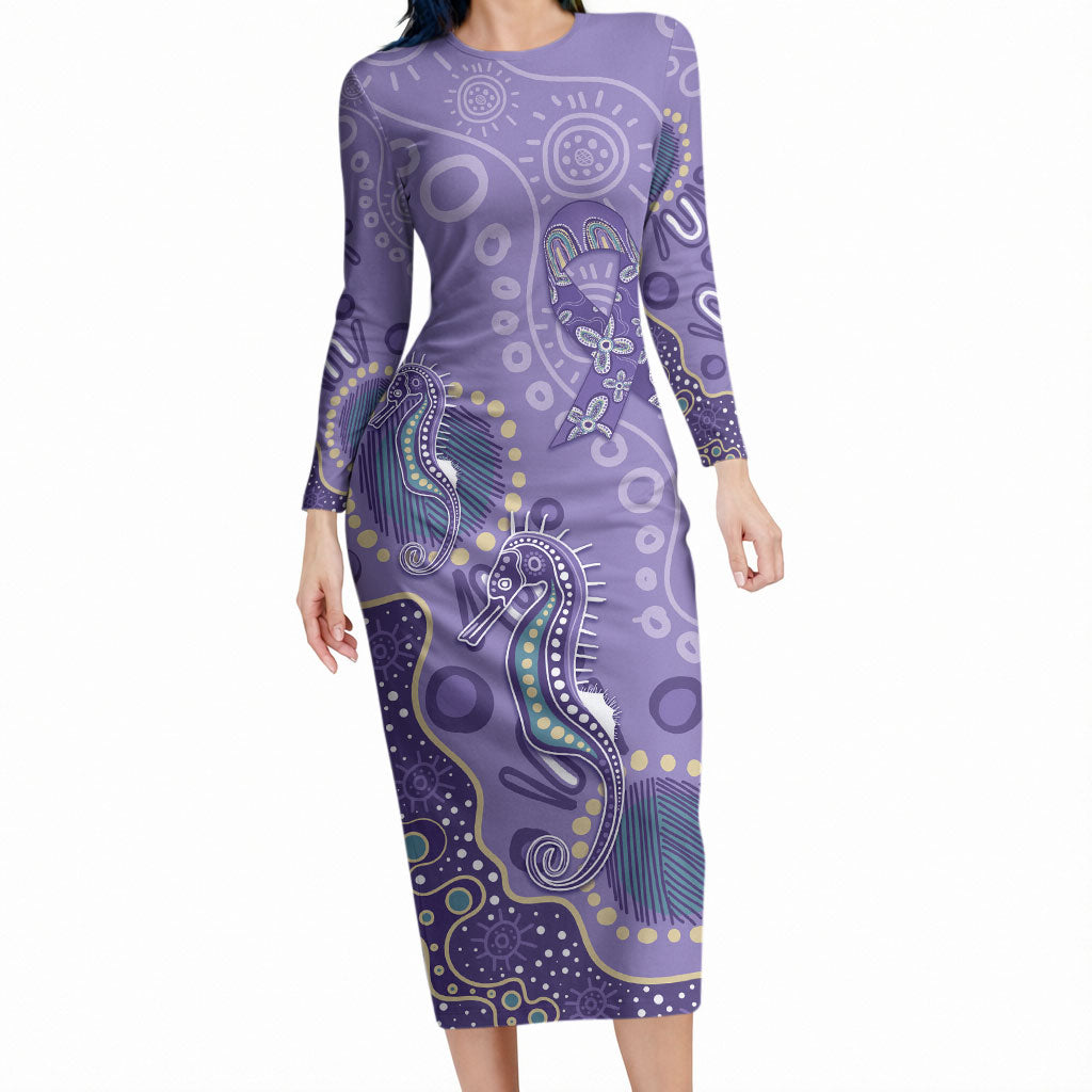 Australia Epilepsy Month Long Sleeve Bodycon Dress Aboriginal Purple Ribbon with Seahorse
