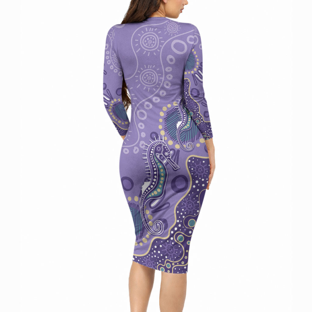 Australia Epilepsy Month Long Sleeve Bodycon Dress Aboriginal Purple Ribbon with Seahorse