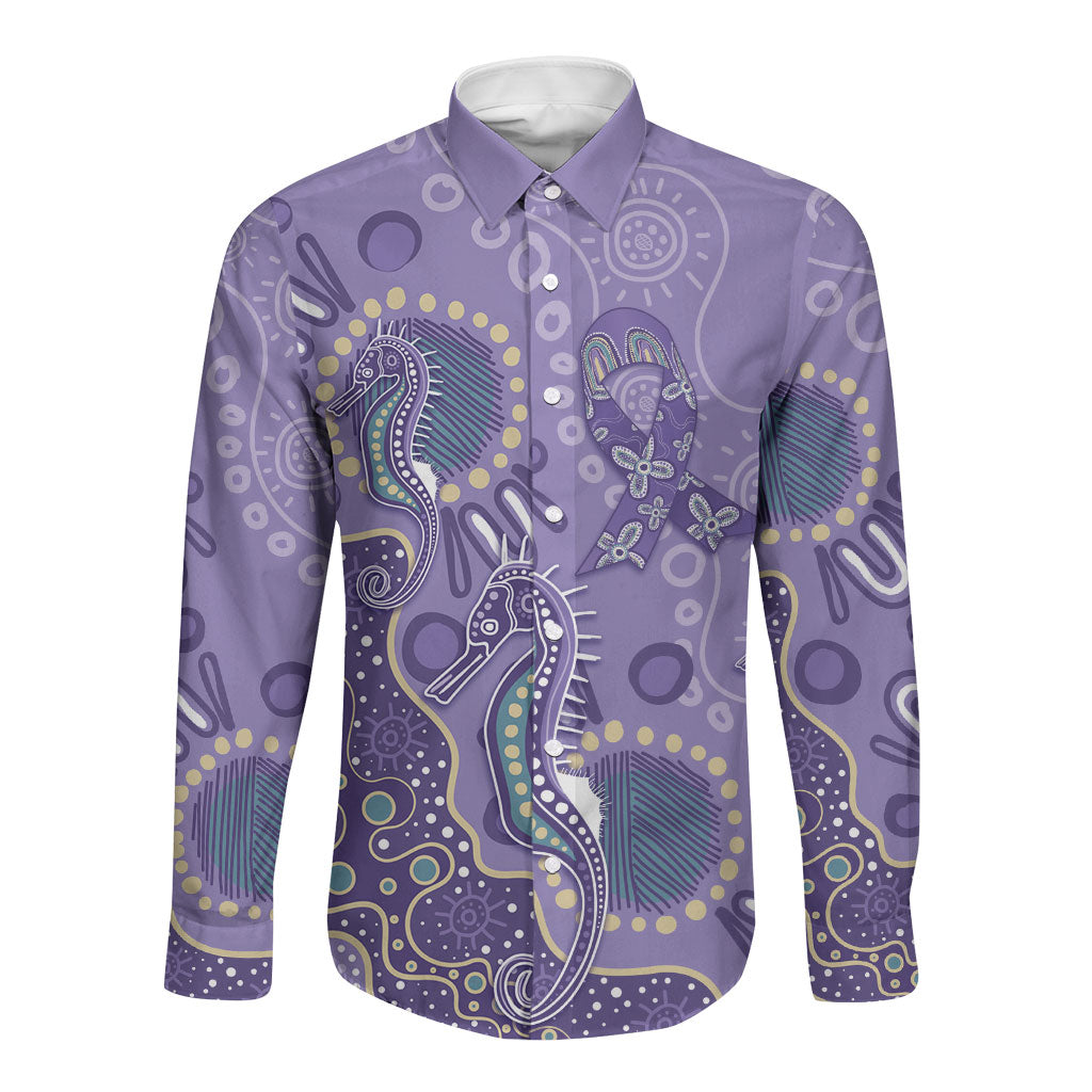 Australia Epilepsy Month Long Sleeve Button Shirt Aboriginal Purple Ribbon with Seahorse
