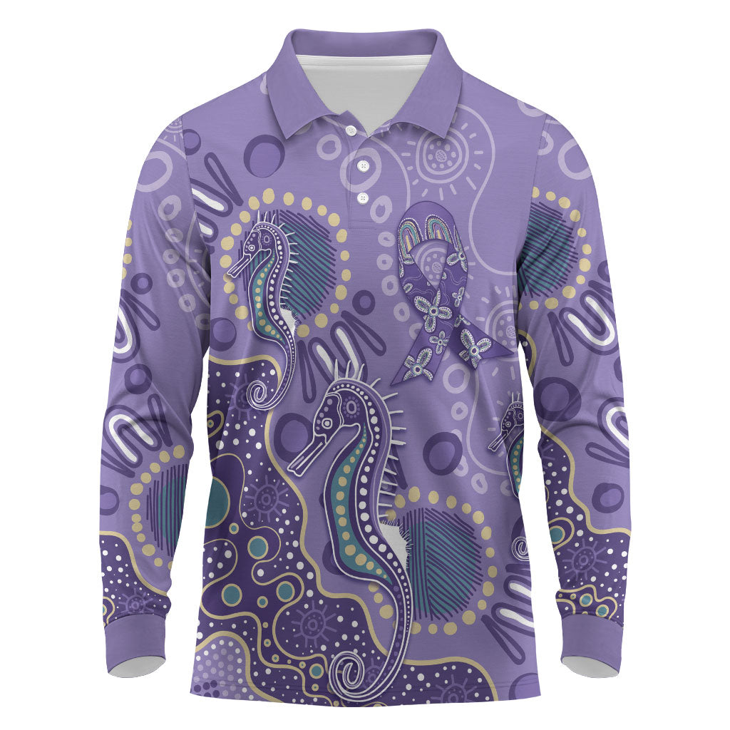 Australia Epilepsy Month Long Sleeve Polo Shirt Aboriginal Purple Ribbon with Seahorse