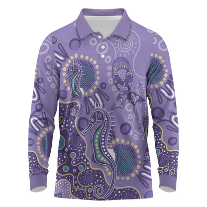 Australia Epilepsy Month Long Sleeve Polo Shirt Aboriginal Purple Ribbon with Seahorse