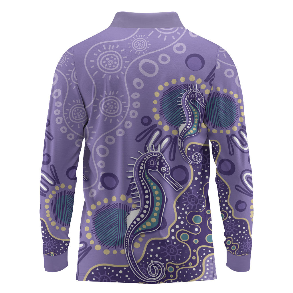 Australia Epilepsy Month Long Sleeve Polo Shirt Aboriginal Purple Ribbon with Seahorse