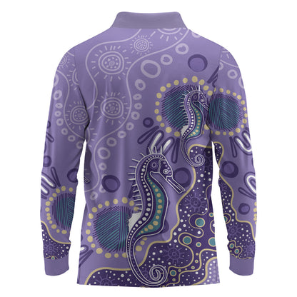 Australia Epilepsy Month Long Sleeve Polo Shirt Aboriginal Purple Ribbon with Seahorse