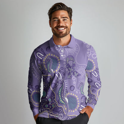 Australia Epilepsy Month Long Sleeve Polo Shirt Aboriginal Purple Ribbon with Seahorse